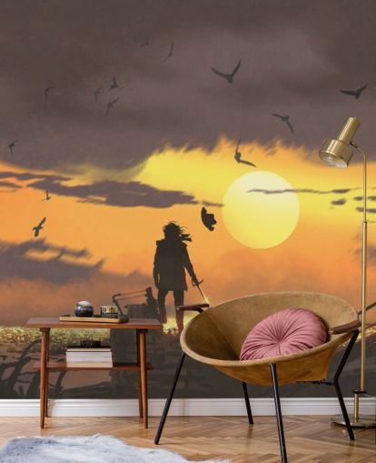 pirate on pirate ship at sunset wallpaper