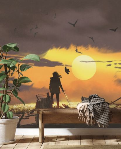 pirate on pirate ship at sunset wallpaper