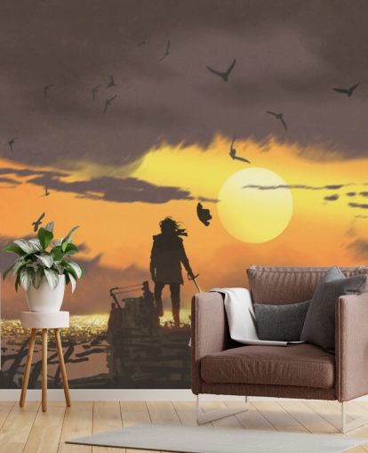 pirate on pirate ship at sunset wallpaper