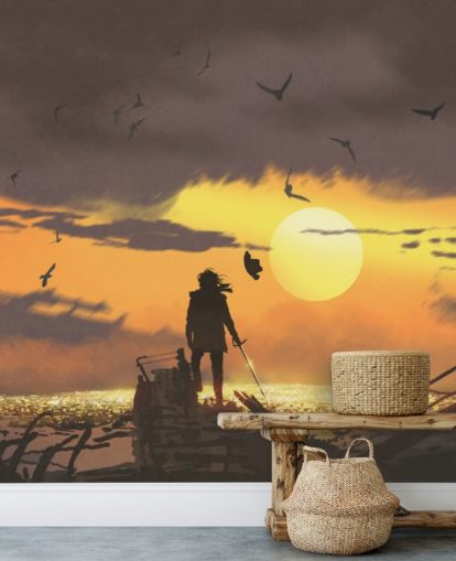 pirate on pirate ship at sunset wallpaper