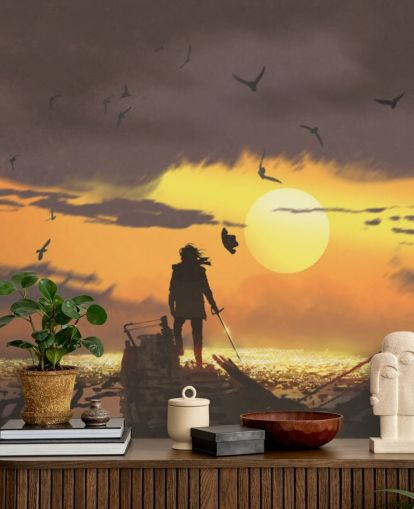 pirate on pirate ship at sunset wallpaper