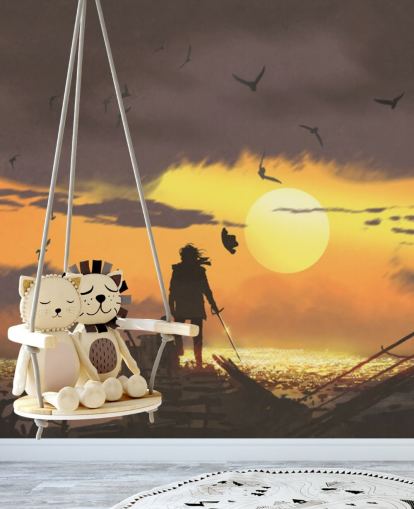 Pirat auf Piratenschiff bei Sonnenuntergang Wallpaper