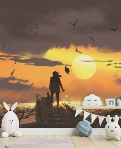 pirate on pirate ship at sunset wallpaper