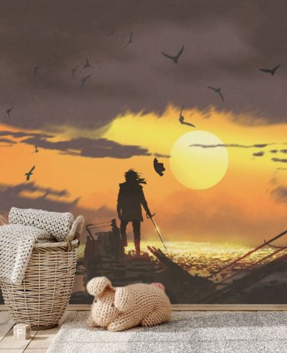 pirate on pirate ship at sunset wallpaper