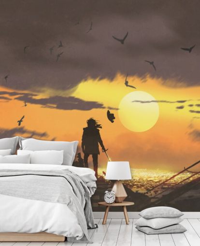 pirate on pirate ship at sunset wallpaper