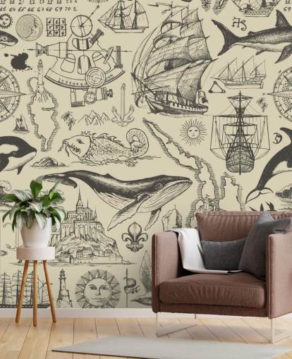 papel de parede neutro pirata doodles