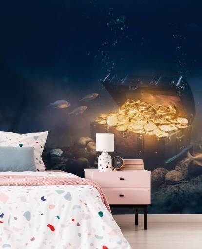 skattekiste full av mynter under havet tapet