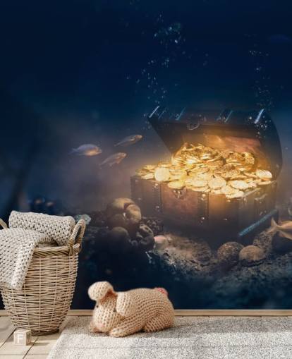 treasure chest full of coins under sea wallpaper