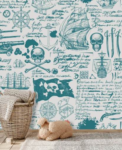 papier peint de croquis de pirates bleu et blanc