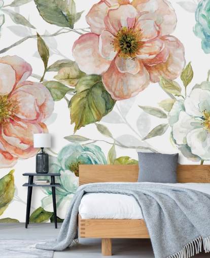 peach and blue and white flowers wallpaper