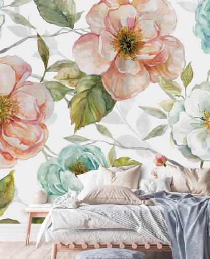 peach and blue and white flowers wallpaper