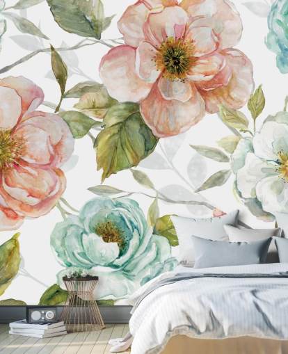 persika och blå och vita blommor tapeter