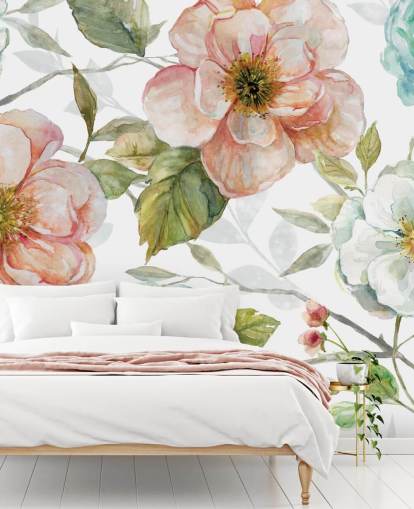 papel pintado de melocotón y flores azules y blancas