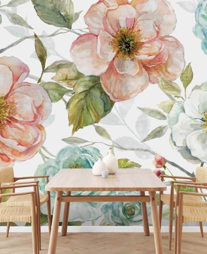 carta da parati fiori pesca e blu e bianchi