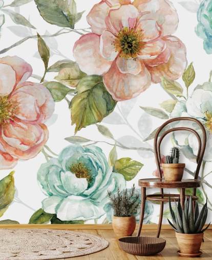 peach and blue and white flowers wallpaper peach and blue and white flowers wallpaper