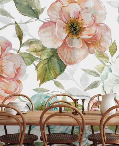 carta da parati fiori pesca e blu e bianchi