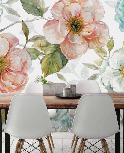 persika och blå och vita blommor tapeter persika och blå och vita blommor tapeter