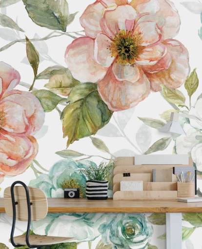 peach and blue and white flowers wallpaper