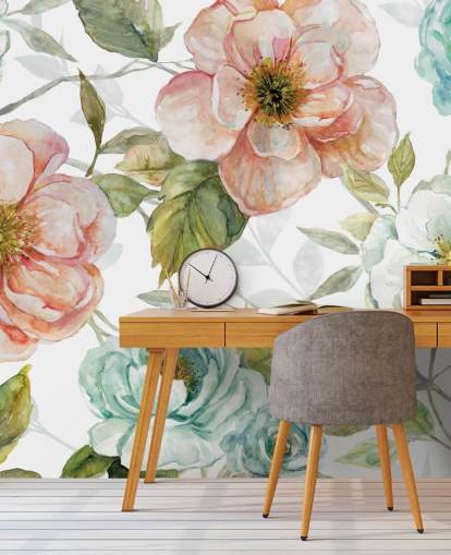 persika och blå och vita blommor tapeter persika och blå och vita blommor tapeter