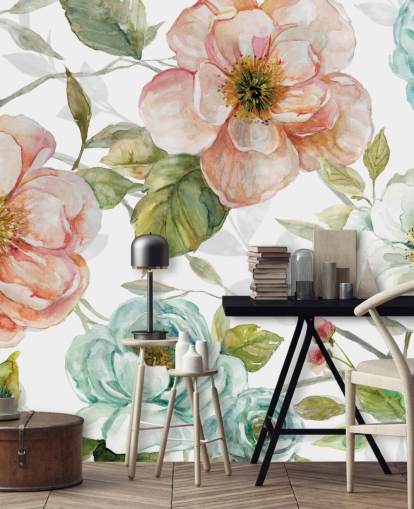 perzik en blauwe en witte bloemen behang perzik en blauwe en witte bloemen behang