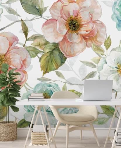 pêssego e flores azuis e brancas papel de parede