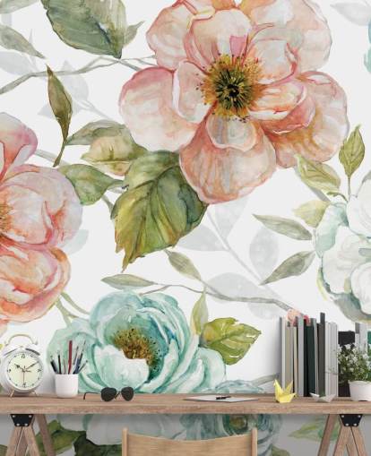 peach and blue and white flowers wallpaper