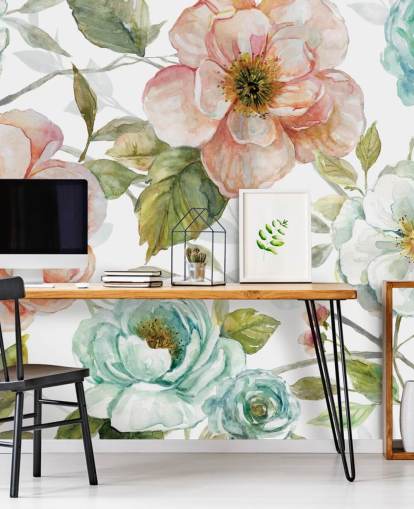 papel pintado de melocotón y flores azules y blancas papel pintado de melocotón y flores azules y blancas