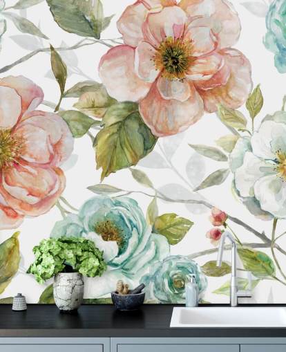 fersken og blå og hvite blomster tapet fersken og blå og hvite blomster tapet
