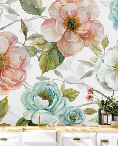 pêssego e flores azuis e brancas papel de parede