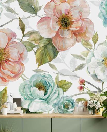 peach and blue and white flowers wallpaper