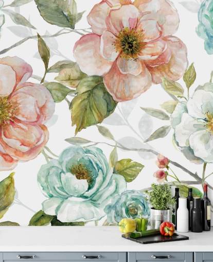 papel pintado de melocotón y flores azules y blancas papel pintado de melocotón y flores azules y blancas