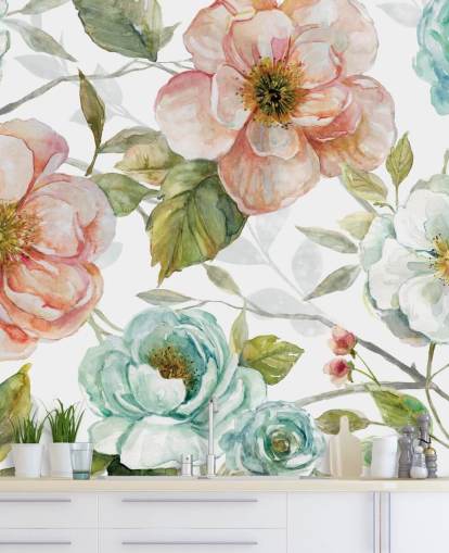 peach and blue and white flowers wallpaper