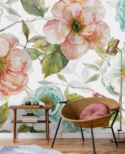 peach and blue and white flowers wallpaper