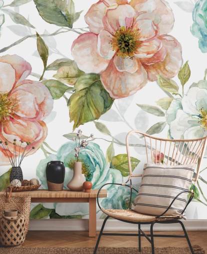 carta da parati fiori pesca e blu e bianchi