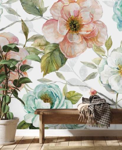 persika och blå och vita blommor tapeter persika och blå och vita blommor tapeter