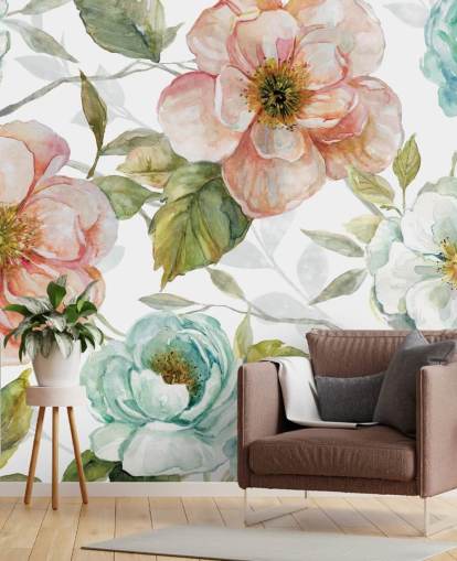 papel pintado de melocotón y flores azules y blancas