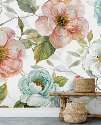 perzik en blauwe en witte bloemen behang