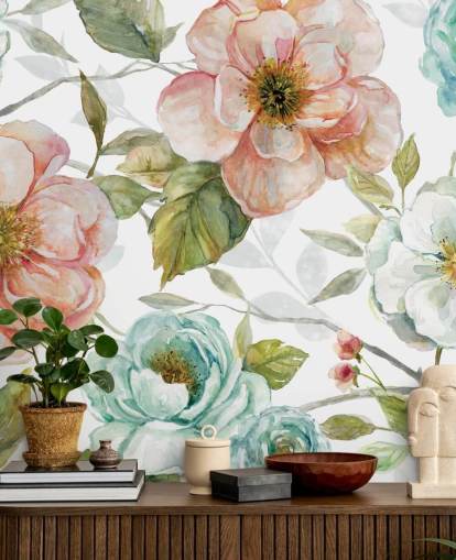 carta da parati fiori pesca e blu e bianchi