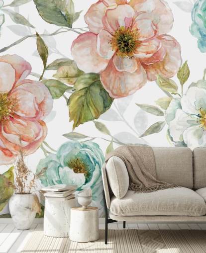 persika och blå och vita blommor tapeter