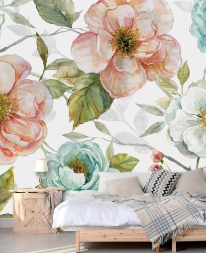 perzik en blauwe en witte bloemen behang perzik en blauwe en witte bloemen behang