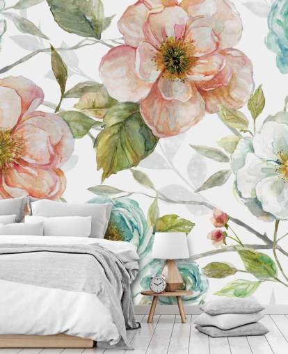 pêssego e flores azuis e brancas papel de parede