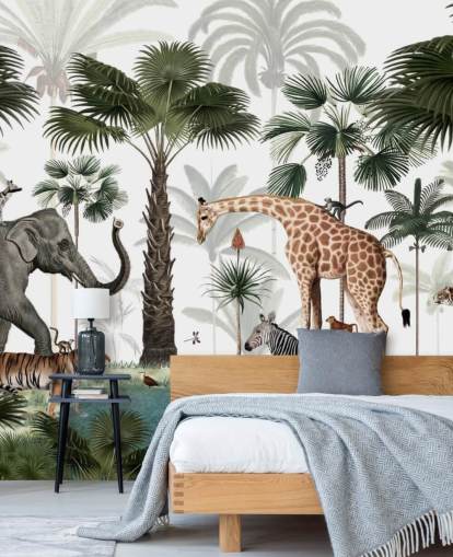 elephant, giraffe and other animals in jungle wallpaper