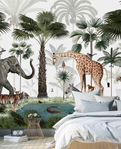 fondo de pantalla de elefantes, jirafas y otros animales en la jungla