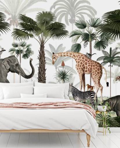elephant, giraffe and other animals in jungle wallpaper
