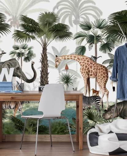 olifant, giraf en andere dieren in junglebehang