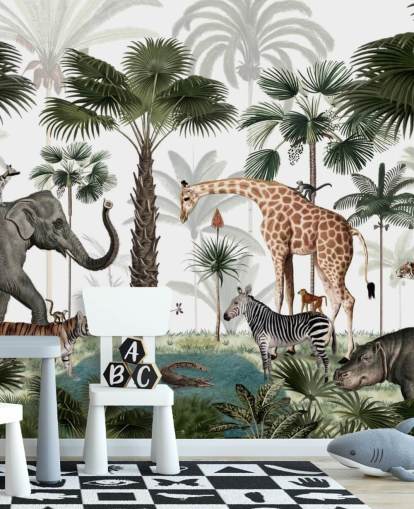 carta da parati elefante, giraffa e altri animali nella giungla