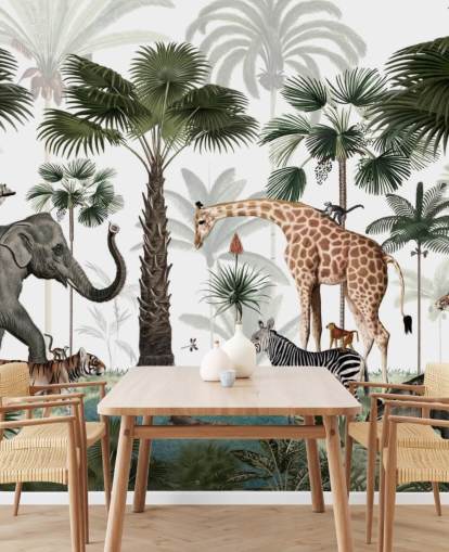 olifant, giraf en andere dieren in junglebehang