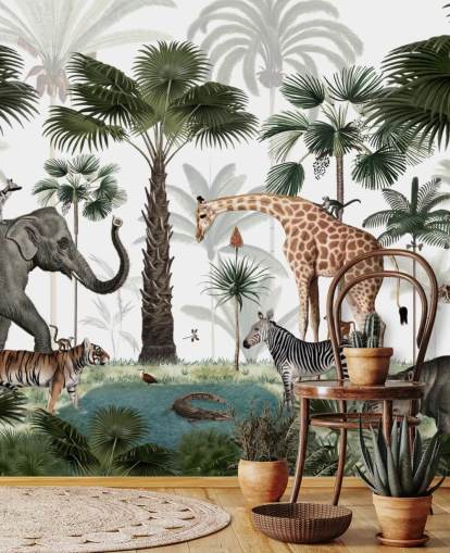 Elefant, Giraffe und andere Tiere in Dschungel-Tapete