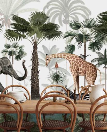 elephant, giraffe and other animals in jungle wallpaper