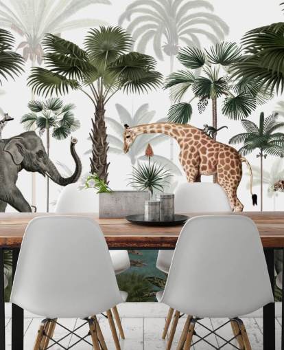 olifant, giraf en andere dieren in junglebehang